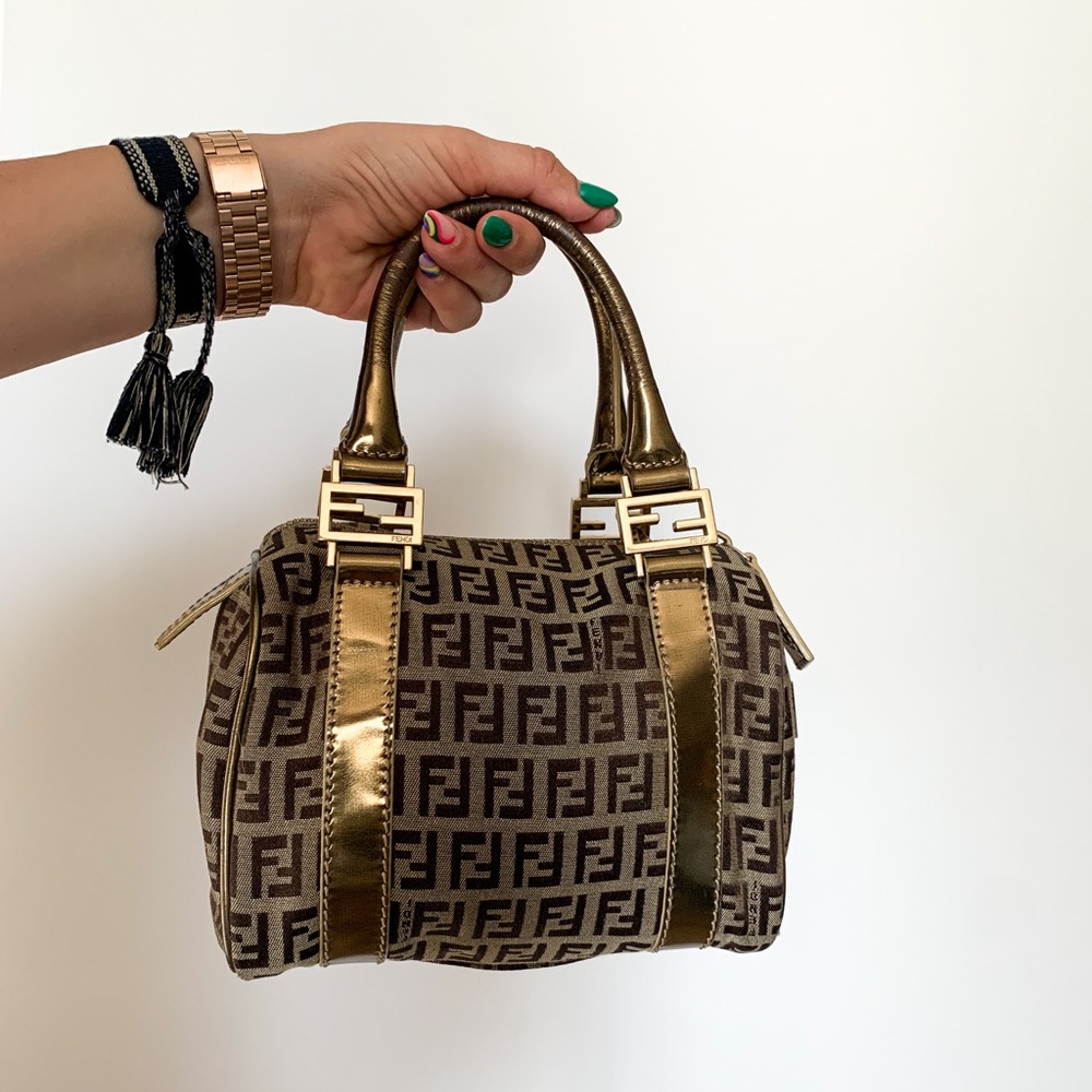 Sold Auth VTG Fendi Zucchino Mini Boston Bag Gold - Picture 6 of 16